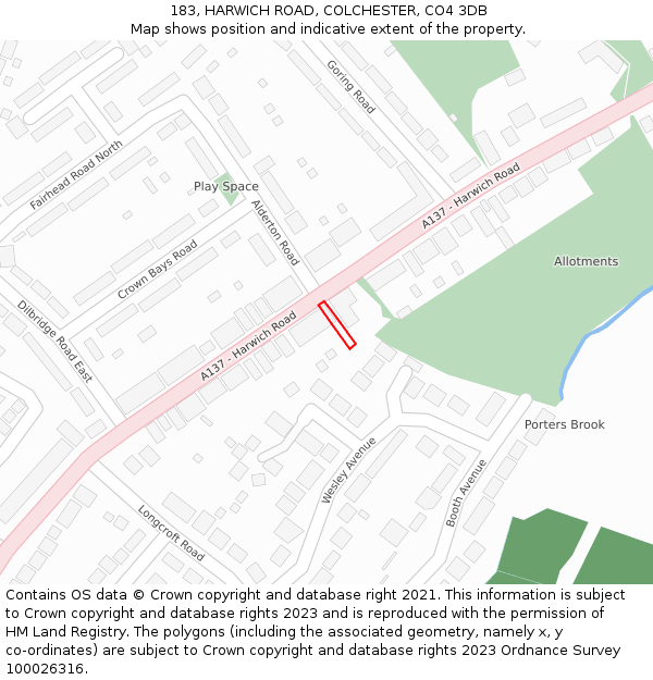 183, HARWICH ROAD, COLCHESTER, CO4 3DB: Location map and indicative extent of plot