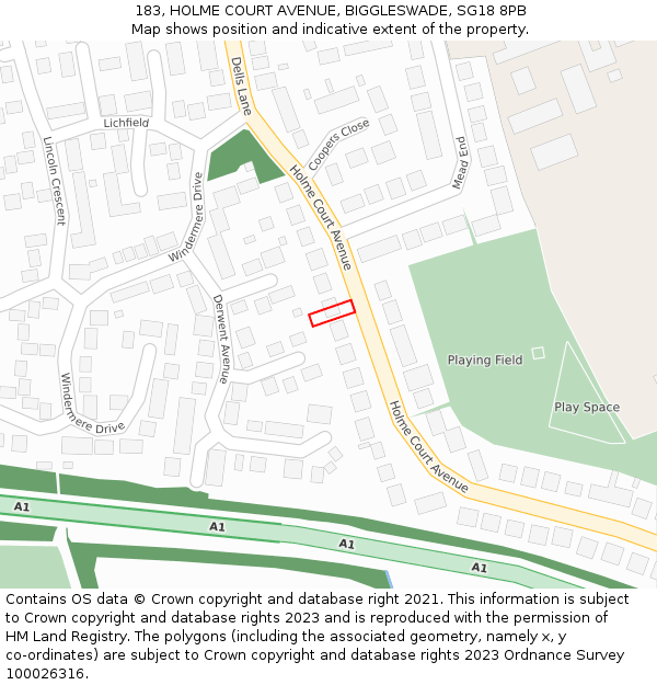 183, HOLME COURT AVENUE, BIGGLESWADE, SG18 8PB: Location map and indicative extent of plot