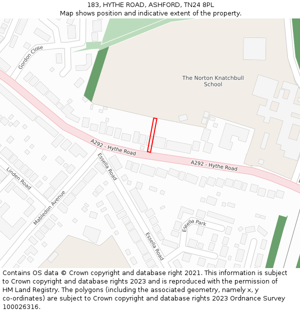 183, HYTHE ROAD, ASHFORD, TN24 8PL: Location map and indicative extent of plot