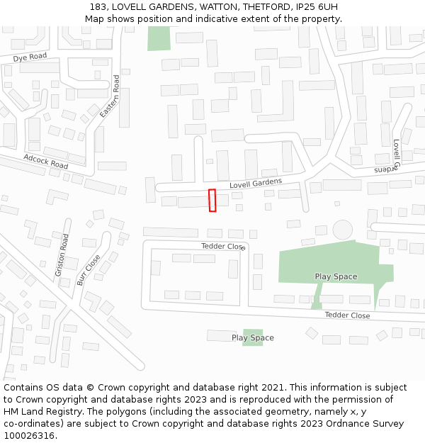 183, LOVELL GARDENS, WATTON, THETFORD, IP25 6UH: Location map and indicative extent of plot