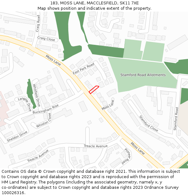 183, MOSS LANE, MACCLESFIELD, SK11 7XE: Location map and indicative extent of plot