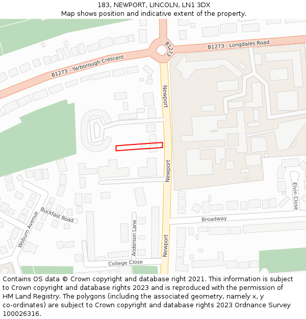 183, NEWPORT, LINCOLN, LN1 3DX: Location map and indicative extent of plot