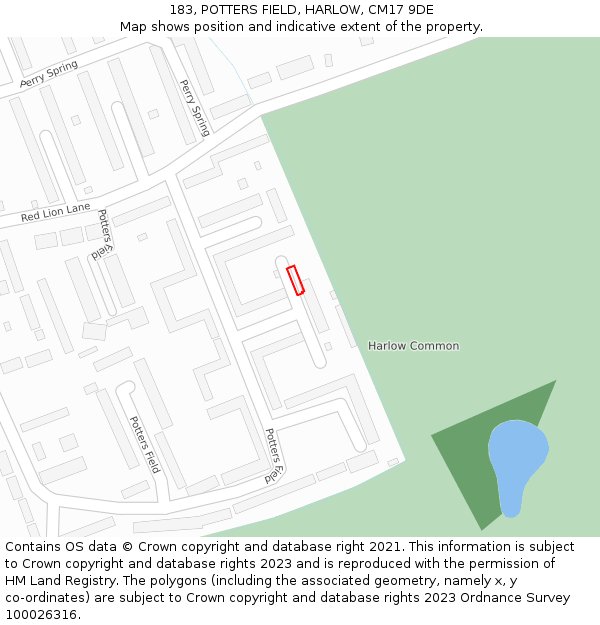 183, POTTERS FIELD, HARLOW, CM17 9DE: Location map and indicative extent of plot