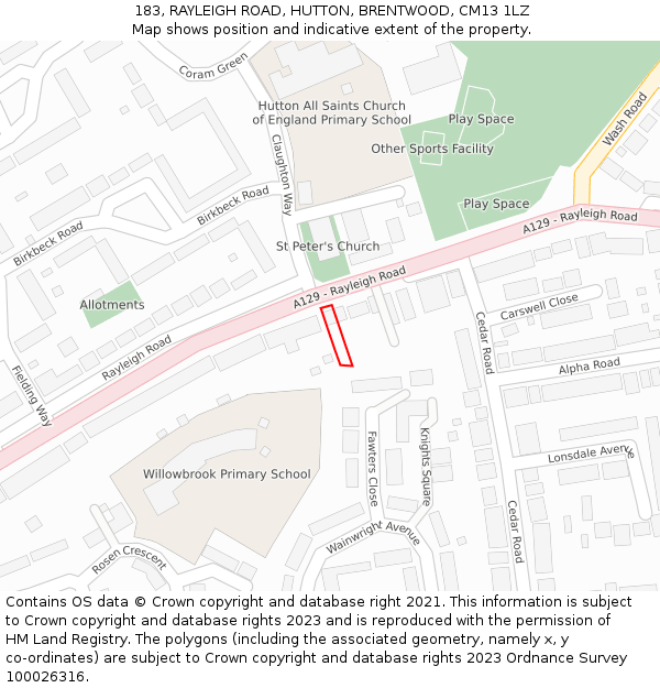 183, RAYLEIGH ROAD, HUTTON, BRENTWOOD, CM13 1LZ: Location map and indicative extent of plot