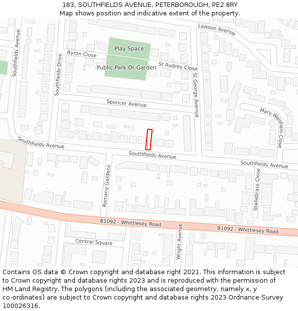 183, SOUTHFIELDS AVENUE, PETERBOROUGH, PE2 8RY: Location map and indicative extent of plot