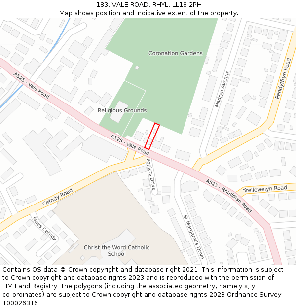 183, VALE ROAD, RHYL, LL18 2PH: Location map and indicative extent of plot