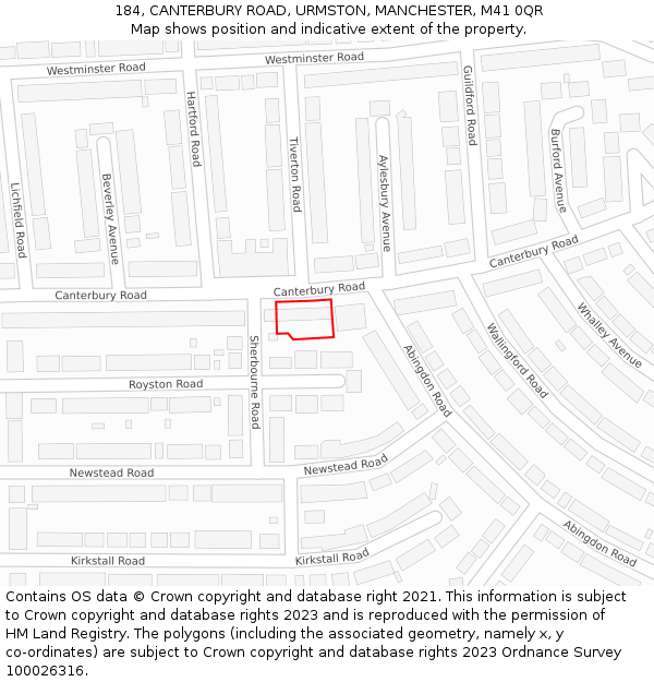 184, CANTERBURY ROAD, URMSTON, MANCHESTER, M41 0QR: Location map and indicative extent of plot