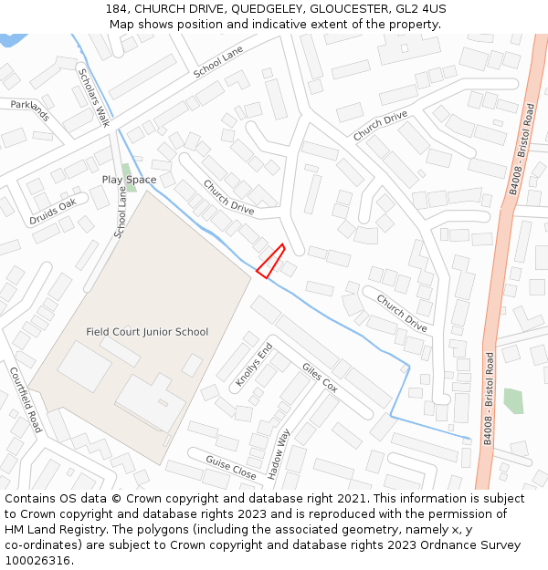 184, CHURCH DRIVE, QUEDGELEY, GLOUCESTER, GL2 4US: Location map and indicative extent of plot