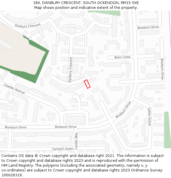 184, DANBURY CRESCENT, SOUTH OCKENDON, RM15 5XE: Location map and indicative extent of plot