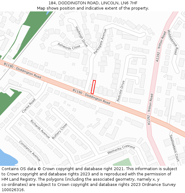 184, DODDINGTON ROAD, LINCOLN, LN6 7HF: Location map and indicative extent of plot