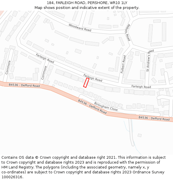 184, FARLEIGH ROAD, PERSHORE, WR10 1LY: Location map and indicative extent of plot