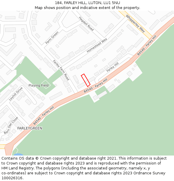 184, FARLEY HILL, LUTON, LU1 5NU: Location map and indicative extent of plot