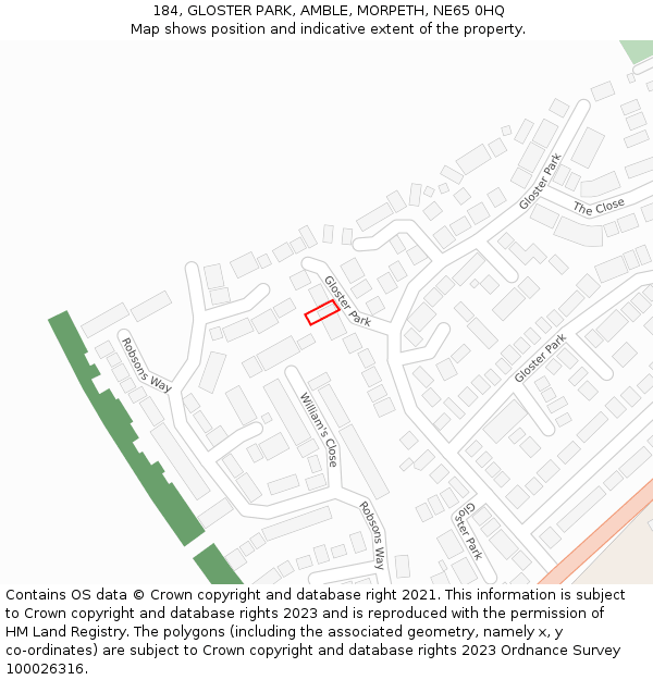 184, GLOSTER PARK, AMBLE, MORPETH, NE65 0HQ: Location map and indicative extent of plot