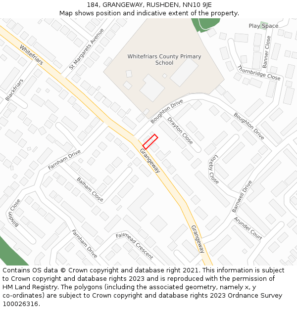 184, GRANGEWAY, RUSHDEN, NN10 9JE: Location map and indicative extent of plot