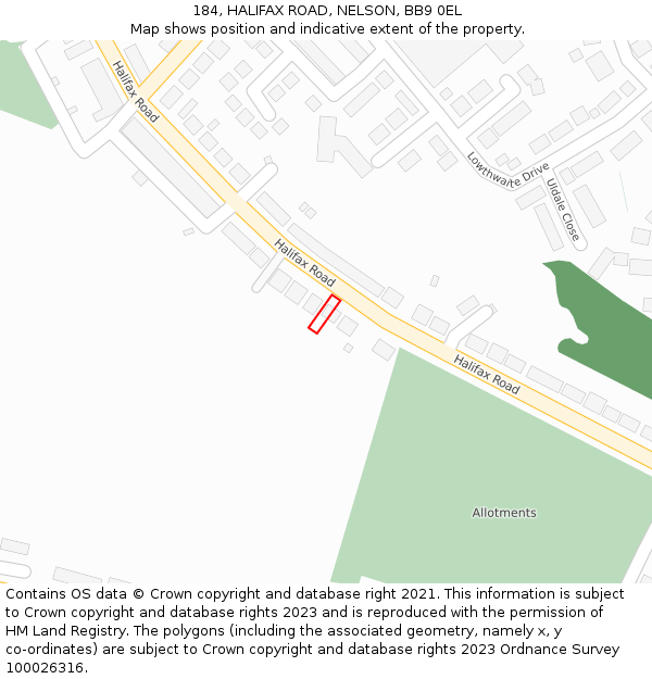 184, HALIFAX ROAD, NELSON, BB9 0EL: Location map and indicative extent of plot