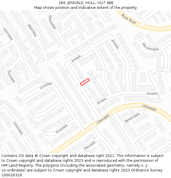 184, JENDALE, HULL, HU7 4BE: Location map and indicative extent of plot