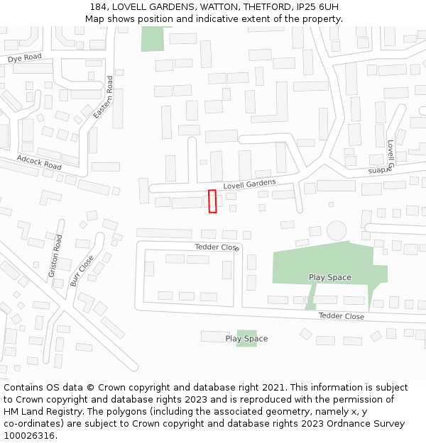 184, LOVELL GARDENS, WATTON, THETFORD, IP25 6UH: Location map and indicative extent of plot