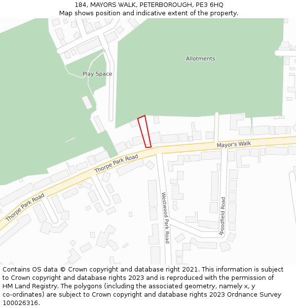 184, MAYORS WALK, PETERBOROUGH, PE3 6HQ: Location map and indicative extent of plot