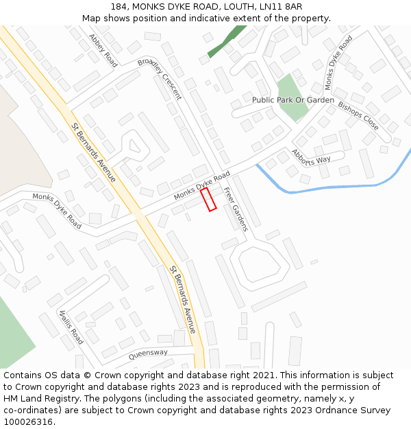 184, MONKS DYKE ROAD, LOUTH, LN11 8AR: Location map and indicative extent of plot