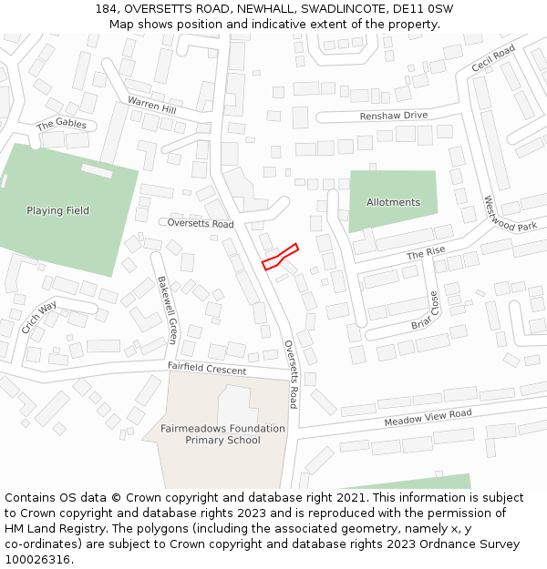 184, OVERSETTS ROAD, NEWHALL, SWADLINCOTE, DE11 0SW: Location map and indicative extent of plot