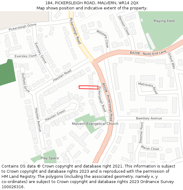 184, PICKERSLEIGH ROAD, MALVERN, WR14 2QX: Location map and indicative extent of plot