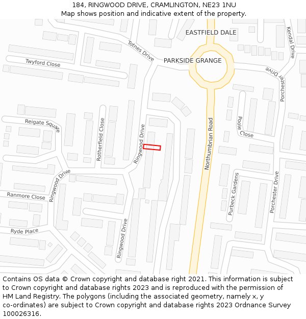 184, RINGWOOD DRIVE, CRAMLINGTON, NE23 1NU: Location map and indicative extent of plot