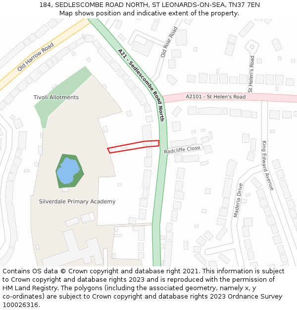 184, SEDLESCOMBE ROAD NORTH, ST LEONARDS-ON-SEA, TN37 7EN: Location map and indicative extent of plot