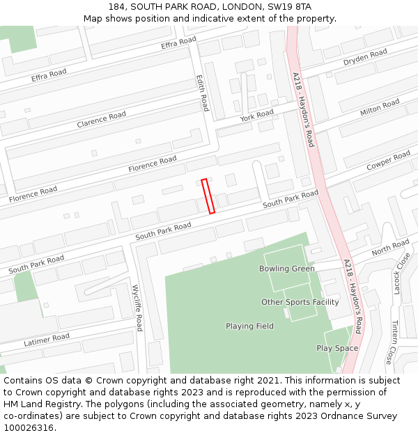 184, SOUTH PARK ROAD, LONDON, SW19 8TA: Location map and indicative extent of plot