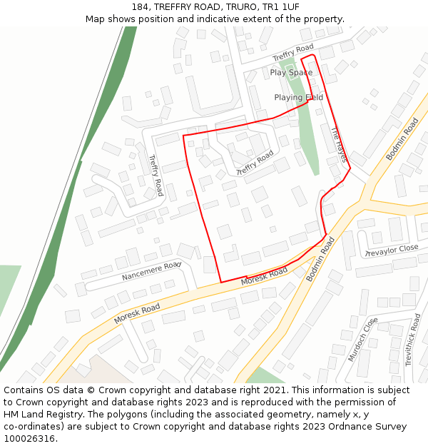 184, TREFFRY ROAD, TRURO, TR1 1UF: Location map and indicative extent of plot