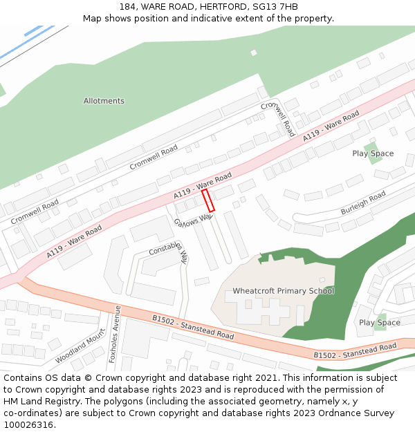 184, WARE ROAD, HERTFORD, SG13 7HB: Location map and indicative extent of plot