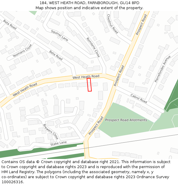 184, WEST HEATH ROAD, FARNBOROUGH, GU14 8PD: Location map and indicative extent of plot