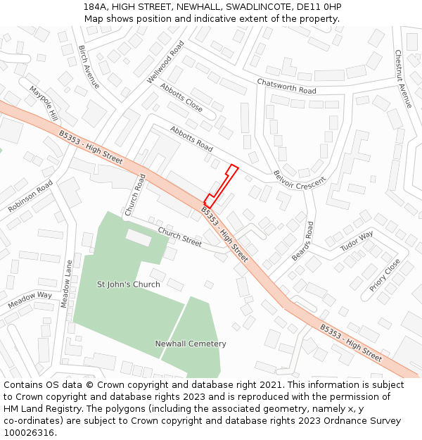 184A, HIGH STREET, NEWHALL, SWADLINCOTE, DE11 0HP: Location map and indicative extent of plot