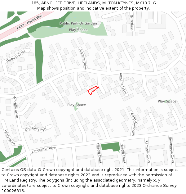 185, ARNCLIFFE DRIVE, HEELANDS, MILTON KEYNES, MK13 7LG: Location map and indicative extent of plot