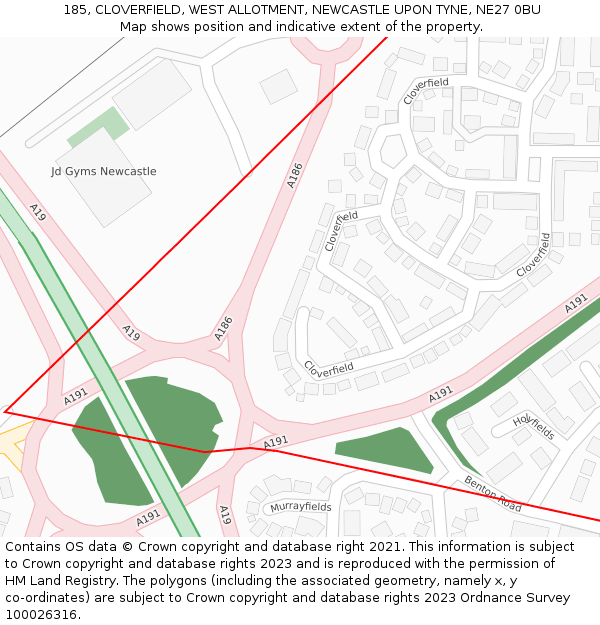 185, CLOVERFIELD, WEST ALLOTMENT, NEWCASTLE UPON TYNE, NE27 0BU: Location map and indicative extent of plot