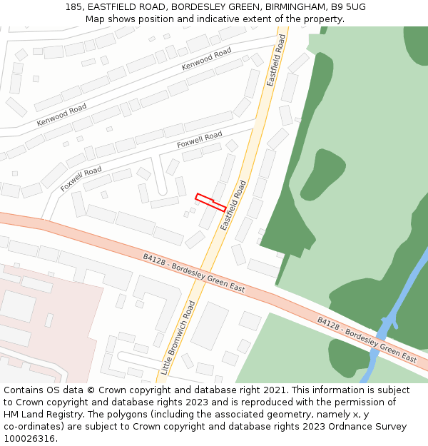 185, EASTFIELD ROAD, BORDESLEY GREEN, BIRMINGHAM, B9 5UG: Location map and indicative extent of plot