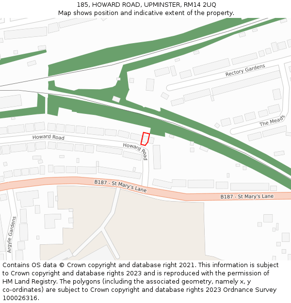 185, HOWARD ROAD, UPMINSTER, RM14 2UQ: Location map and indicative extent of plot