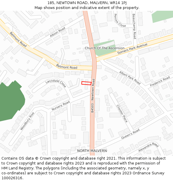 185, NEWTOWN ROAD, MALVERN, WR14 1PJ: Location map and indicative extent of plot