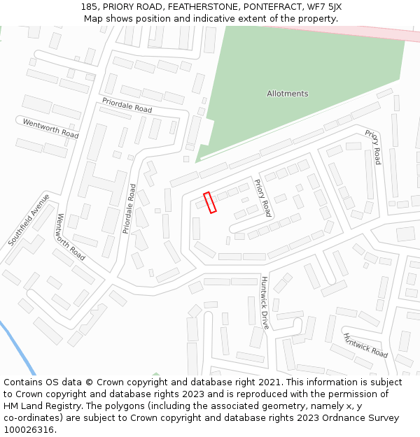 185, PRIORY ROAD, FEATHERSTONE, PONTEFRACT, WF7 5JX: Location map and indicative extent of plot