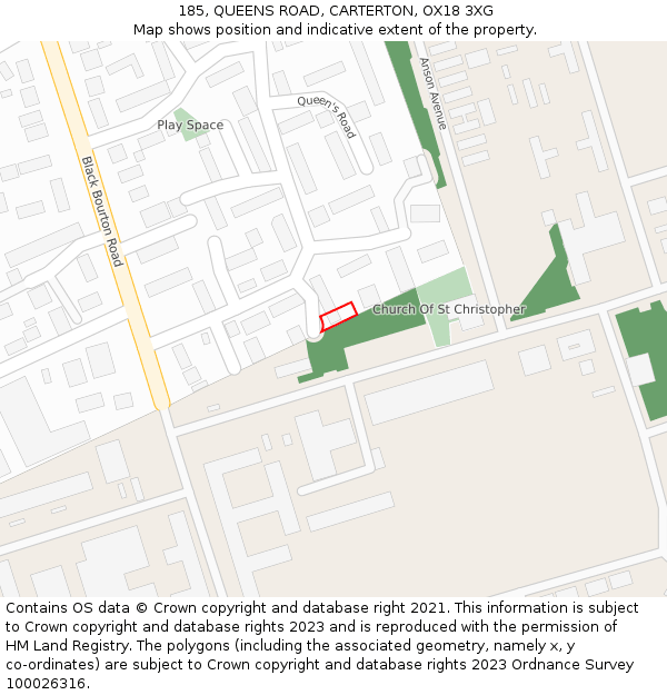 185, QUEENS ROAD, CARTERTON, OX18 3XG: Location map and indicative extent of plot