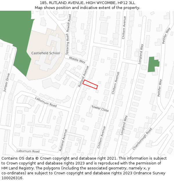 185, RUTLAND AVENUE, HIGH WYCOMBE, HP12 3LL: Location map and indicative extent of plot