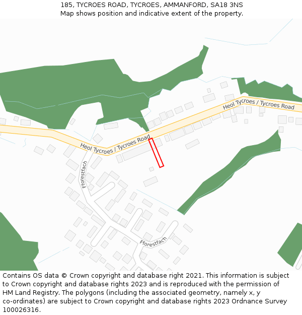 185, TYCROES ROAD, TYCROES, AMMANFORD, SA18 3NS: Location map and indicative extent of plot