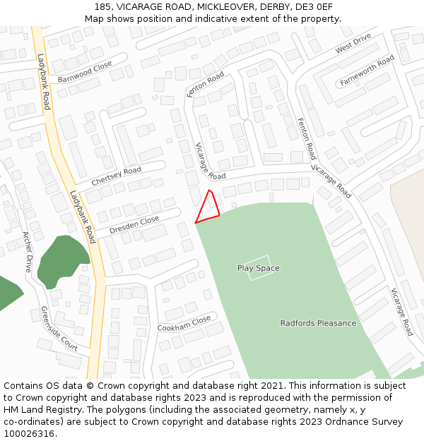 185, VICARAGE ROAD, MICKLEOVER, DERBY, DE3 0EF: Location map and indicative extent of plot