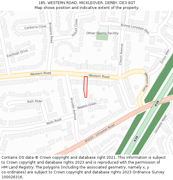 185, WESTERN ROAD, MICKLEOVER, DERBY, DE3 9GT: Location map and indicative extent of plot