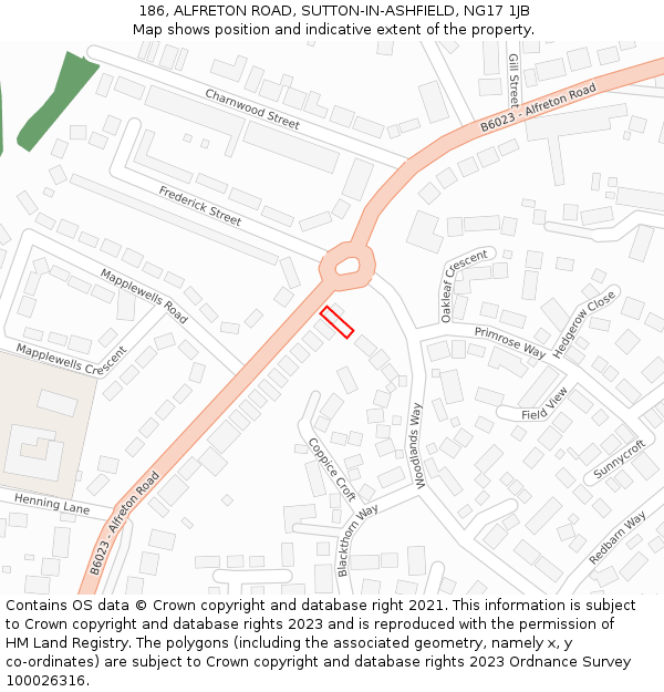 186, ALFRETON ROAD, SUTTON-IN-ASHFIELD, NG17 1JB: Location map and indicative extent of plot