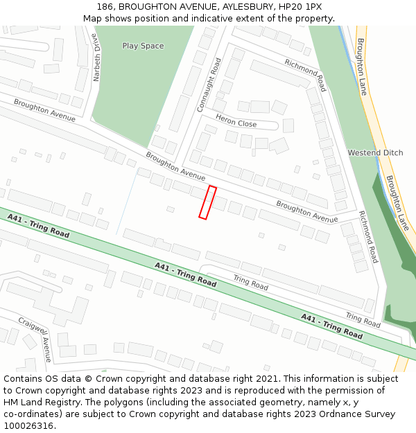 186, BROUGHTON AVENUE, AYLESBURY, HP20 1PX: Location map and indicative extent of plot