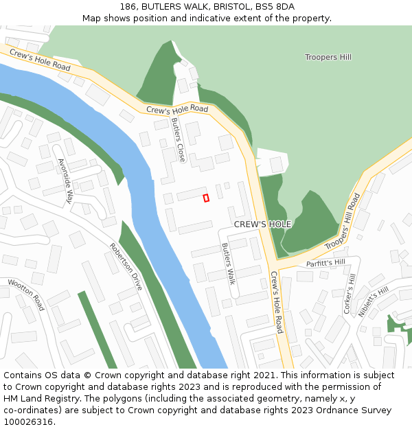 186, BUTLERS WALK, BRISTOL, BS5 8DA: Location map and indicative extent of plot