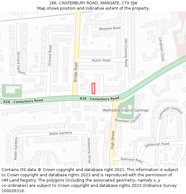 186, CANTERBURY ROAD, MARGATE, CT9 5JW: Location map and indicative extent of plot