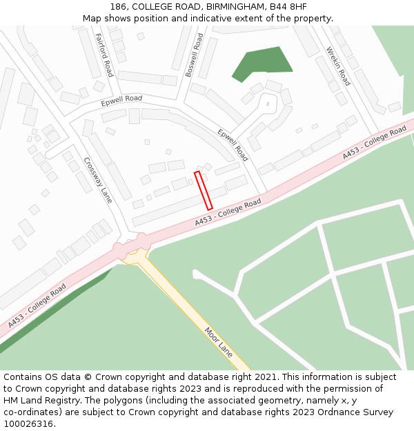 186, COLLEGE ROAD, BIRMINGHAM, B44 8HF: Location map and indicative extent of plot