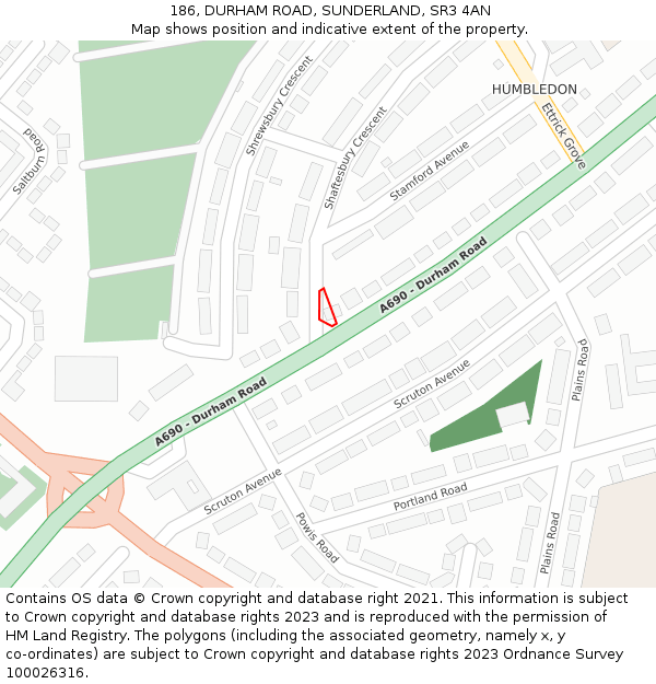 186, DURHAM ROAD, SUNDERLAND, SR3 4AN: Location map and indicative extent of plot