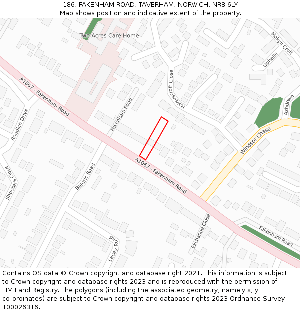 186, FAKENHAM ROAD, TAVERHAM, NORWICH, NR8 6LY: Location map and indicative extent of plot